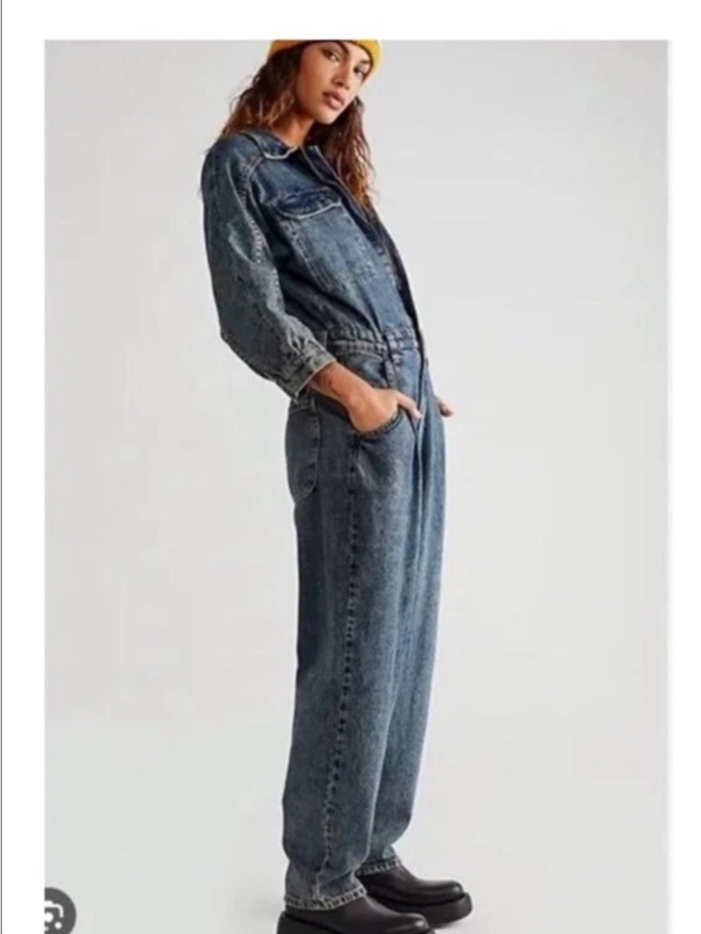 Free People We The Free Sammie Denim Coveralls XL Straight Leg Zip Front 6Pocket